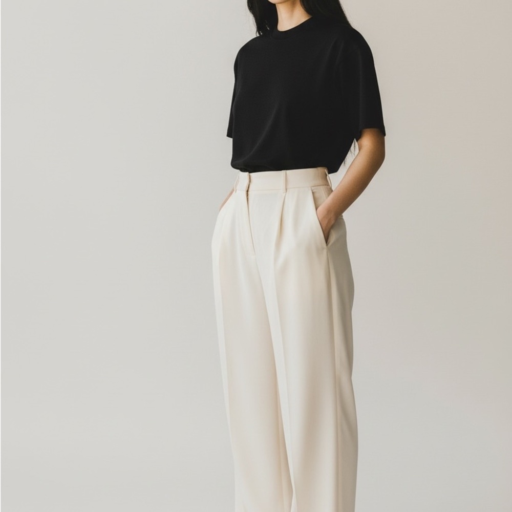 Funyyzo Small Cream Wide Leg High Waisted Career Office Business Dress Pants